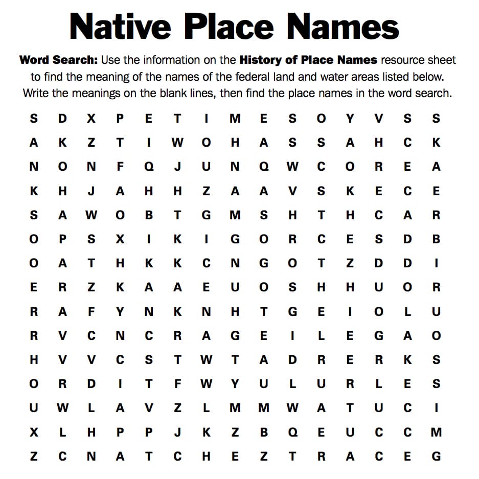 Native place names word search